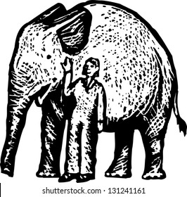 Black and white vector illustration of zookeeper with elephant