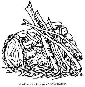 black and white vector illustration-prepared for lighting the fire "hunting", made of logs, firewood and moss
