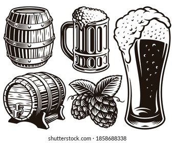 Black and white vector illustrations for beer theme isolated on white background