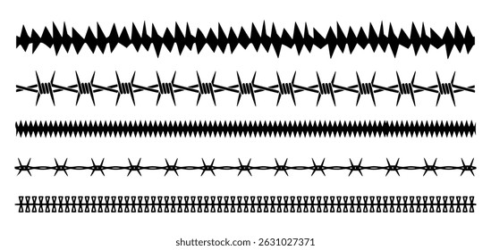 Ilustrações de vetor preto e branco de diferentes desenhos de borda de arame farpado