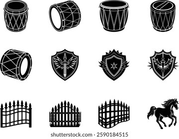 Black and White Vector Illustrations Drums, Shields, Fences, and Horse