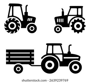 Black and white vector illustrations of farm tractors and trailer