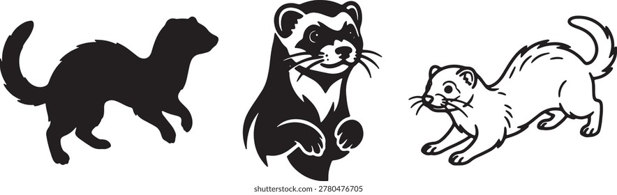 Black and white vector illustrations featuring a playful ferret, a curious kitten, and a sleek weasel in various dynamic poses, isolated on a clean white background, perfect for animal-themed designs.