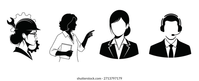 Black and white vector illustrations of four diverse professionals in various occupations