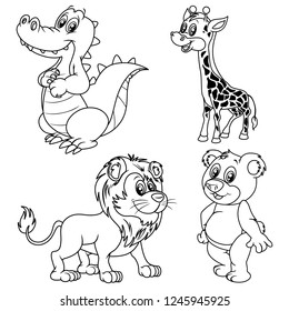 Black and White Vector Illustrations of Happy Alligator, Giraffe, Lion and Bear. Cute Cartoon Animals Isolated on a White Background Coloring Page. Happy Animals Coloring Book for Children