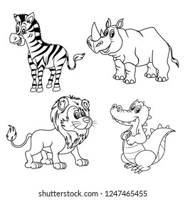 Black and White Vector Illustrations of Happy Zebra, Rhinoceros, Lion and Alligator. Cute Cartoon Animals Isolated on a White Background Coloring Page. Happy Animals Coloring Book for Children
