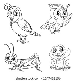 Black and White Vector Illustrations of Happy Quail, Owl, Grasshopper and Frog. Cute Cartoon Animals Isolated on a White Background Coloring Page. Happy Animals Coloring Book for Children