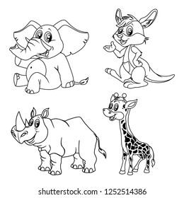 Black and White Vector Illustrations of Happy Elephant, Rhinoceros, Giraffe and Kangaroo. Cute Cartoon Animals Isolated on a White Background Coloring Page. Happy Animals Coloring Book for Children