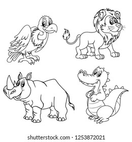 Black and White Vector Illustrations of Happy Vulture, Alligator, Rhinoceros and Lion . Cute Cartoon Wild Animals Isolated on a White Background Coloring Page. Happy Animals Coloring Book for Children