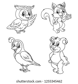 Black and White Vector Illustrations of Happy Owl, Squirrel, Quail and Bear. Cute Cartoon  Forest Animals Isolated on a White Background Coloring Page. Happy Animals Coloring Book for Children