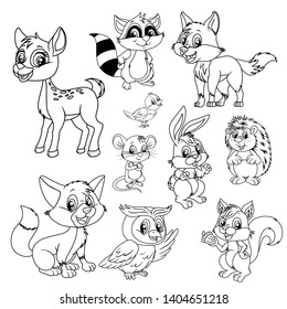 Black and White Vector Illustrations of Happy Squirrel, Owl, Rabbit and Bear. Cute Cartoon Animals Isolated on a White Background Coloring Page. Happy Animals Coloring Book for Children