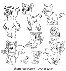 Black and White Vector Illustrations of Happy Squirrel, Owl, Rabbit, Bear, Wolf, Hedgehog, Fox, Mouse, Raccoon. Cute Cartoon Animals Isolated Coloring Page. Happy Animals Coloring Book for Children