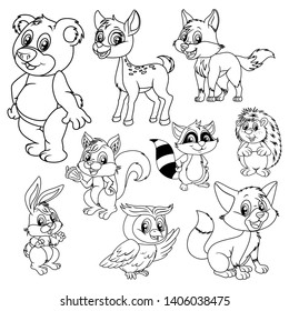 Black and White Vector Illustrations of Happy Squirrel, Owl, Rabbit, Bear, Wolf, Hedgehog, Fox, Mouse, Raccoon. Cute Cartoon Animals Isolated Coloring Page. Happy Animals Coloring Book for Children