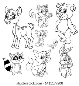 Black and White Vector Illustrations of Happy Squirrel, Owl, Rabbit, Bear, Wolf, Hedgehog, Fox, Mouse, Raccoon. Cute Cartoon Animals Isolated Coloring Page. Happy Animals Coloring Book for Children