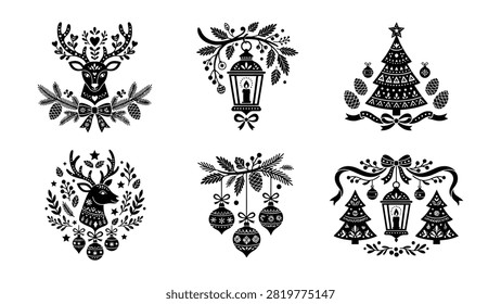 Black and white vector illustrations of holidaythemed decorations including deer heads trees lanterns and ornaments