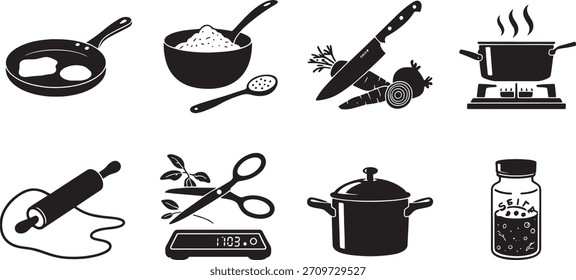 Black and white vector illustrations of kitchen utensils and food preparation cooking