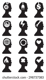 Black and white vector illustrations of man silhouette in side view with conceptual symbols in his head isolated on white background.