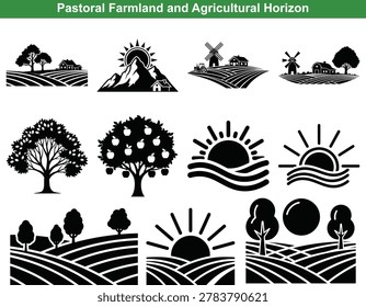 Black and white vector illustrations showcasing idyllic rural scenes featuring farms, windmills, orchards, and sunrises, evoking a sense of nature.