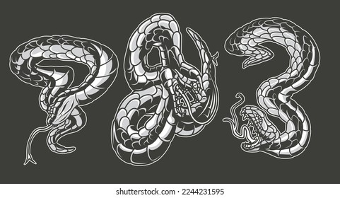 Black and white vector illustrations of snakes isolated on light background.