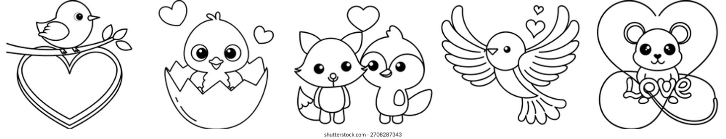 Black and white vector illustrations for Valentines Day with cute animals
