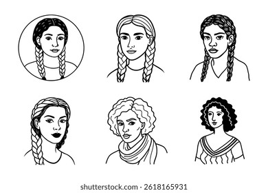 Black and white vector illustrations of women with various braided and curly hairstyles, representing diverse femininity and beauty in different poses.