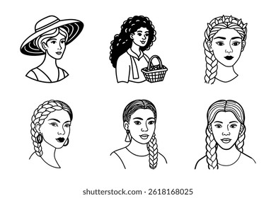 Black and white vector illustrations of women with braids and stylish hats, showcasing casual elegance and beauty in various relaxed and confident poses.