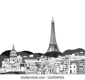 Black and white vector ilustretion of Paris. Cityscape with Eiffel Tower.