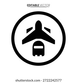 A black and white vector image of an airplane taking off, enclosed in a circular frame.