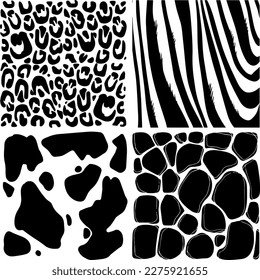 Black and white vector image of an animal print, pattern on the wool of a cow, zebra, leopard and giraffe
