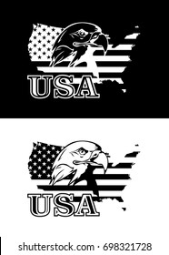 Black and white vector image of bald eagle against the background of map of United States of America