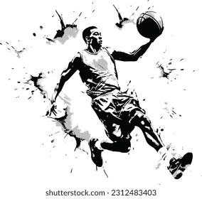 A black and white vector image of a basketball player.