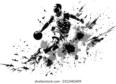 A black and white vector image of a basketball player.