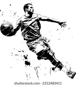 A black and white vector image of a basketball player.