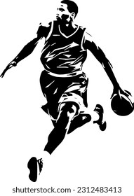 A black and white vector image of a basketball player.