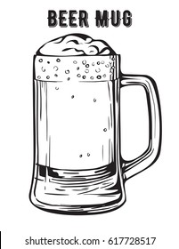 Black and white vector image of a beer mug. Drink with a lot of foam.