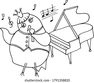 black and white vector image of a bird singing a song to the accompaniment of a piano