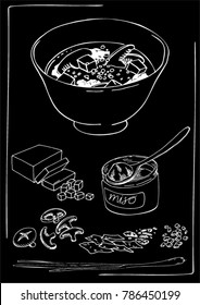 A black and white vector image of a bowl of tasty miso soup with fresh ingredients