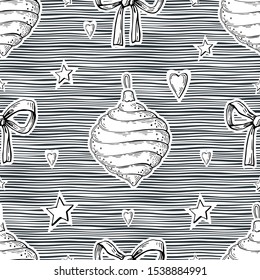 Black and white vector image of a carved Christmas toy, bows, hearts and asterisks on a striped background. Seamless background for wallpaper, textile and wrapping paper.