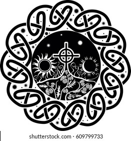 black and white vector image of Celtic cross with moon and sun