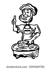 Black and white vector image of a cheesemaker at a table, in an apron and headdress, with a ready cheese on a white isolated background