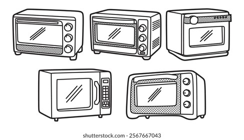 black and white vector image collection, kitchen utensils, microwave