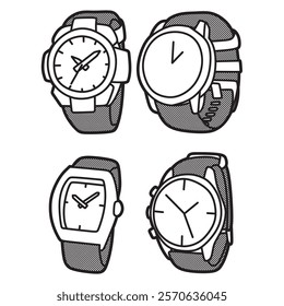 black and white vector image, collection of four simple watches