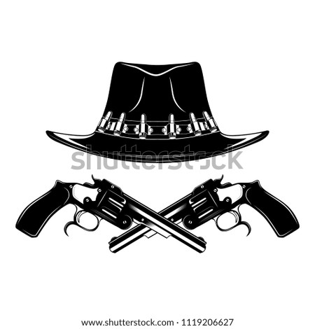 Black and white vector image cowboy hat with revolvers 