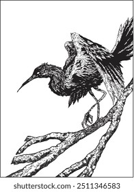 Black and white vector image of a crow on a branch