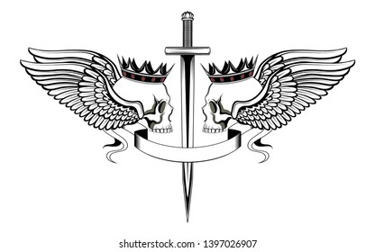 Black and white vector image of crowned skulls with wings. Image on white background.
