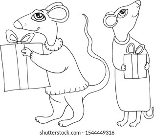 black and white vector image of cute rat new year symbol set