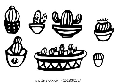 Black and white vector image of different cacti for the factory design of fabrics, decoration of any things. For use in creativity