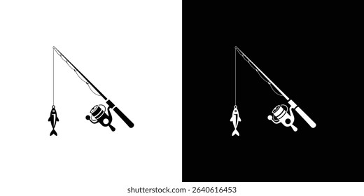 Black and white vector image displaying a fishing rod with attached reel and a small fish bait hanging from the line. Design suitable for prints, illustrations.