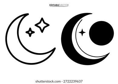 Schwarz-weißes Vektorbild mit einem Halbmond, Sternen und Vollmond.