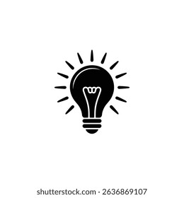 A black and white vector image displays a classic light bulb design, complete with filament and radiating light, rendered in a minimalist, graphic style.